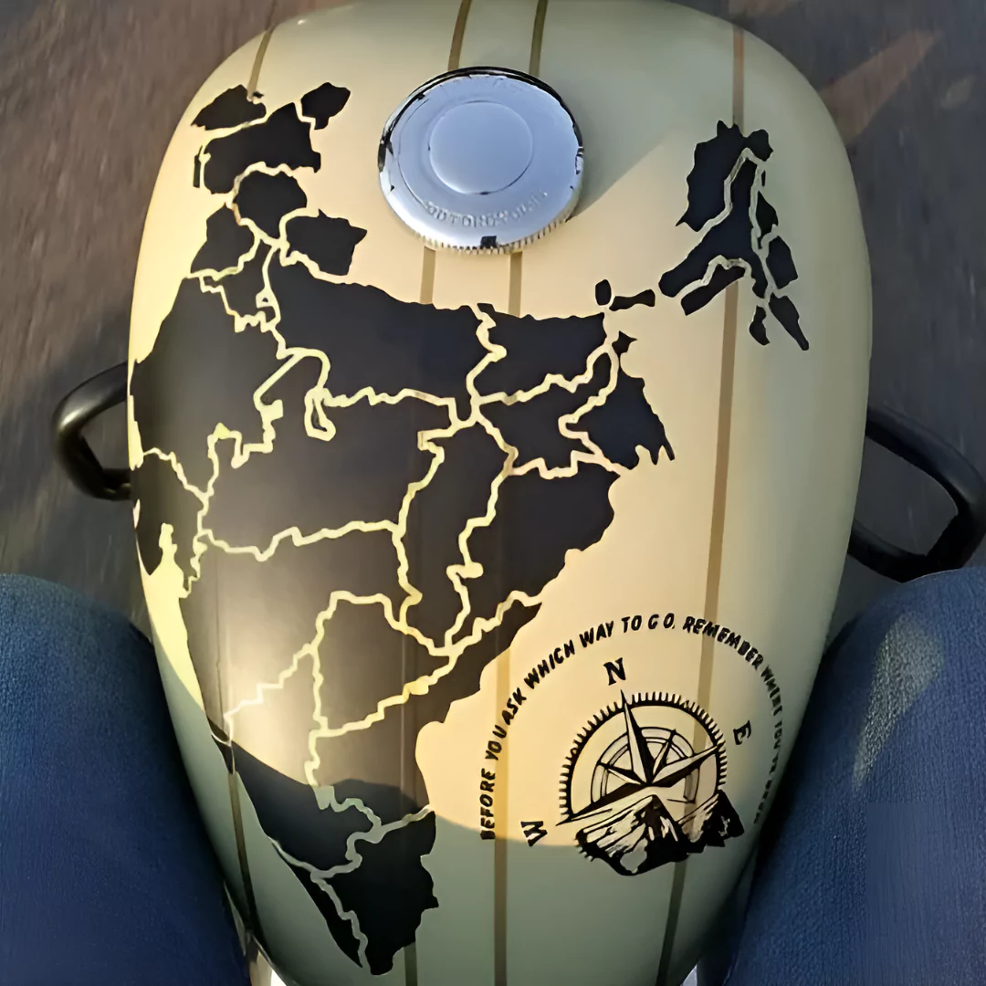 Ozone Stickers™ Royal Enfield Modified Creative Tank Sticker with India Map Vinyl Graphics, 13x12 Inch Compatible for All Bikes Incl. Bullet 350, Classic, Meteor, Jawa, Himalyan